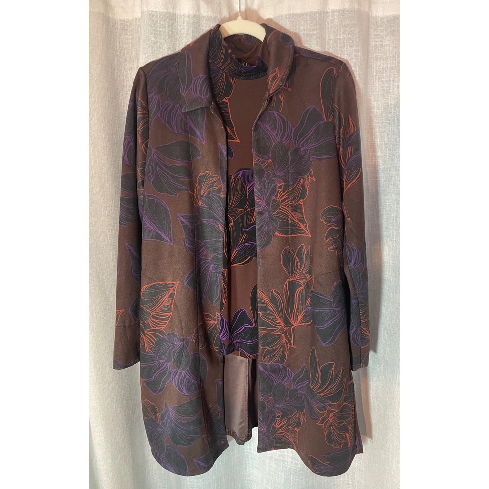 IMAN Long Sleeve Jacket And Matching Mock Neck‎ Sleeveless Top Set Brown Floral